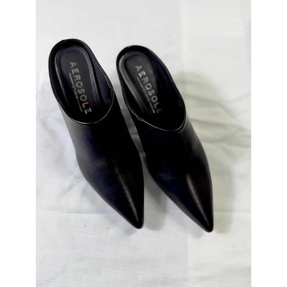 Aerosoles Black Leather Mule Heels Womens 7.5M Pointed Toe Slip On Shoes